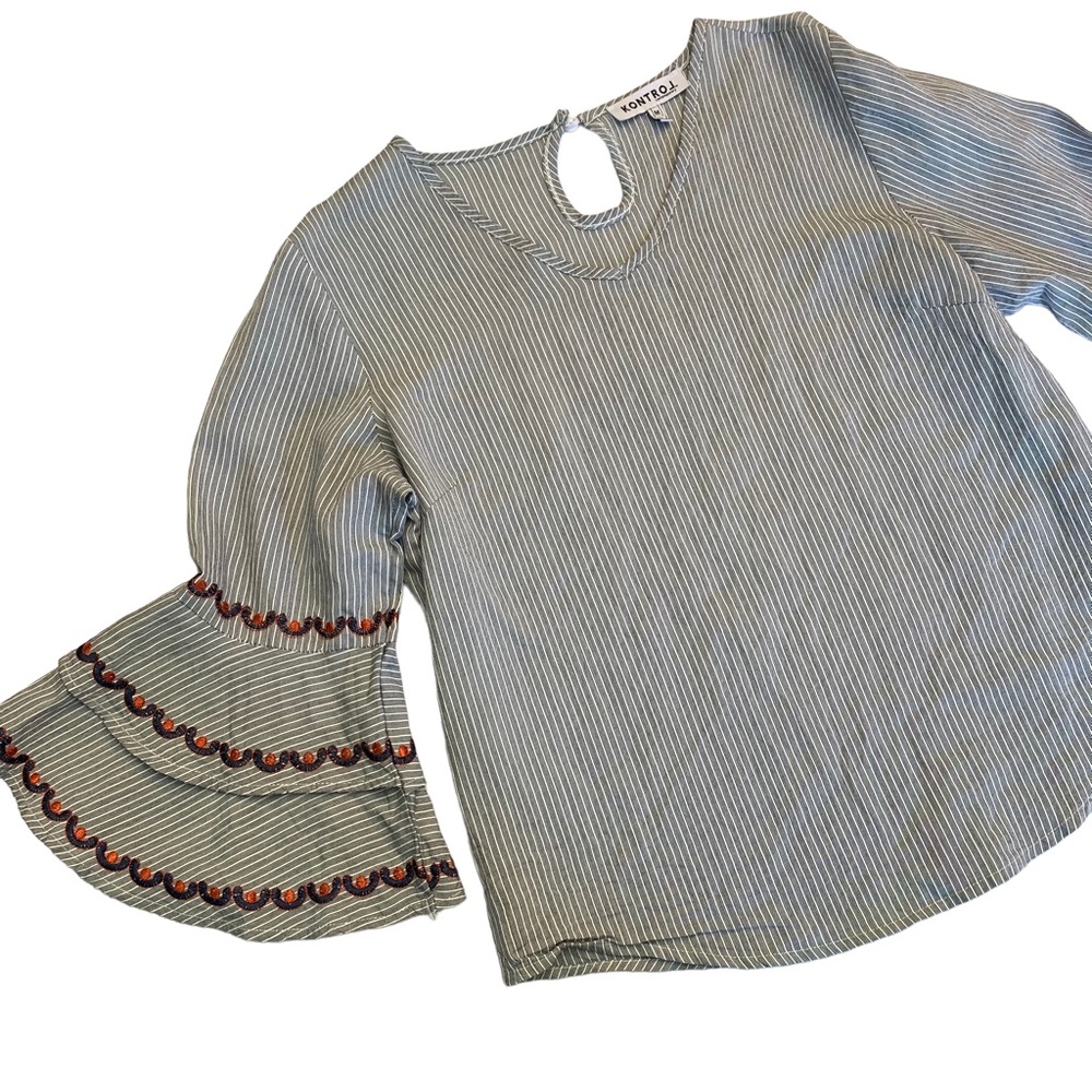 Kontrol Striped Bell Sleeve Top Embroidered Tiered Sleeve V-Neck Blouse